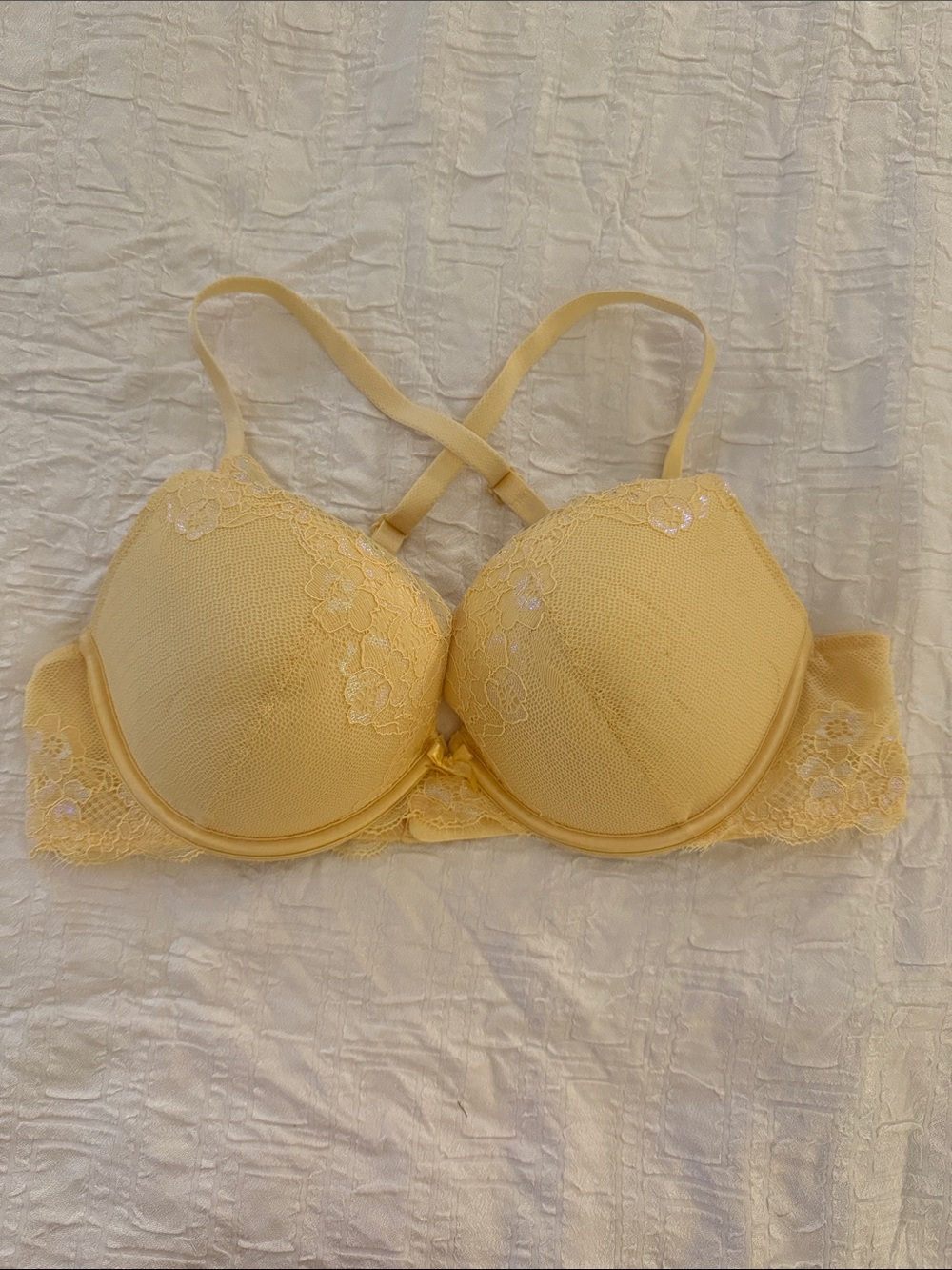 Ambrielle Pale Yellow Lace Underwire Padded Plunging Push-up Bra 36C